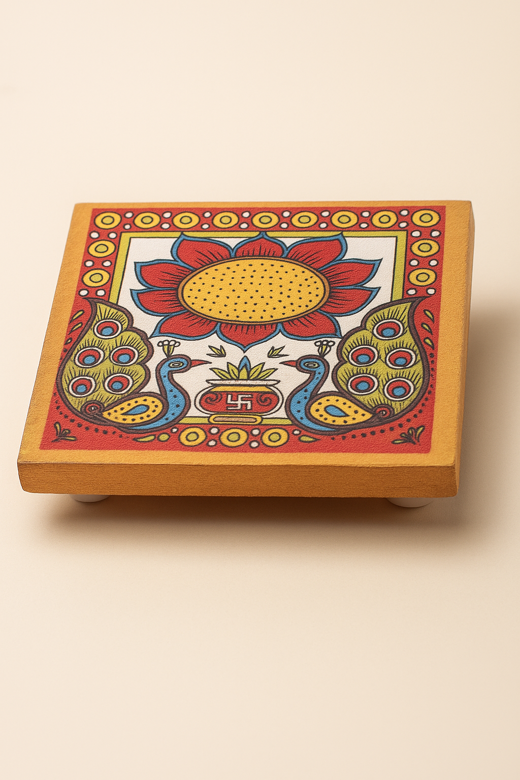 Handcrafted 4x4 Inch Wooden UV Digital Printed Pooja Chowki – Decorative Small Mandir Platform for Puja Rituals