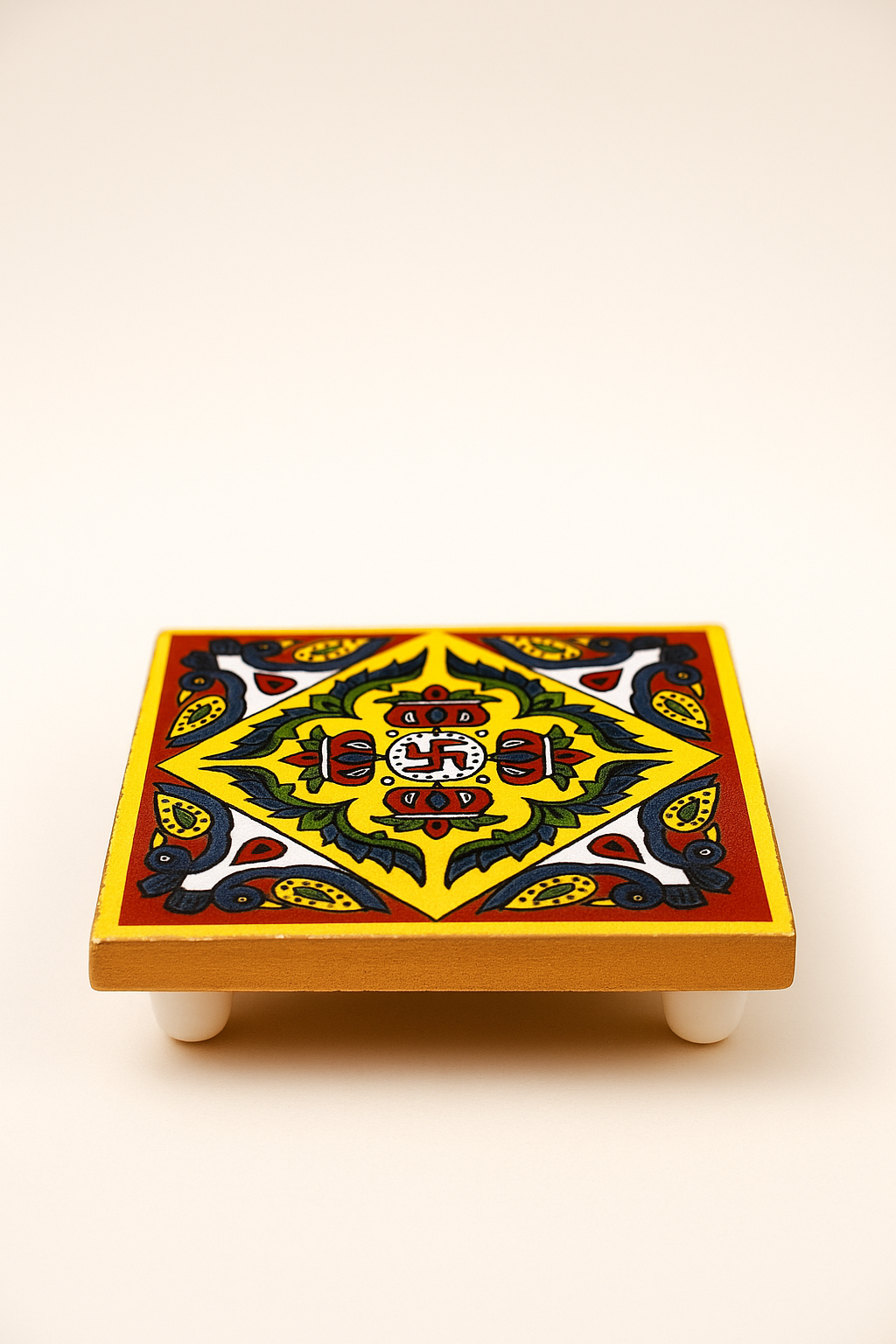 Handcrafted 4x4 Inch Wooden UV Digital Printed Bhagwan Chowki – Traditional Pooja Platform for Home Mandir & Rituals