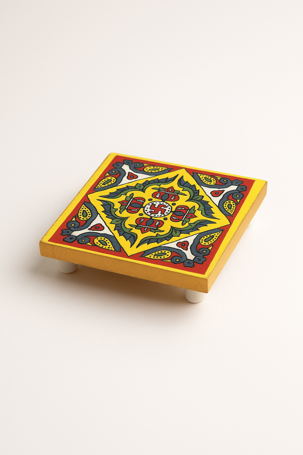 Handcrafted 4x4 Inch Wooden UV Digital Printed Bhagwan Chowki – Traditional Pooja Platform for Home Mandir & Rituals