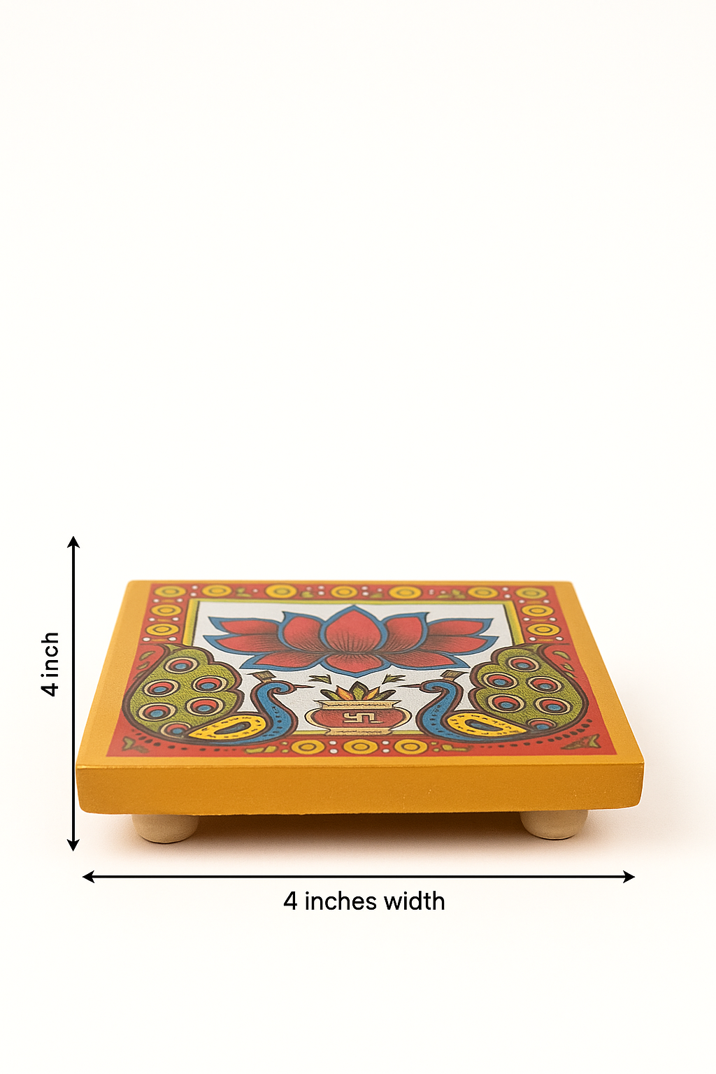 Handcrafted 4x4 Inch Wooden UV Digital Printed Pooja Chowki – Decorative Small Mandir Platform for Puja Rituals