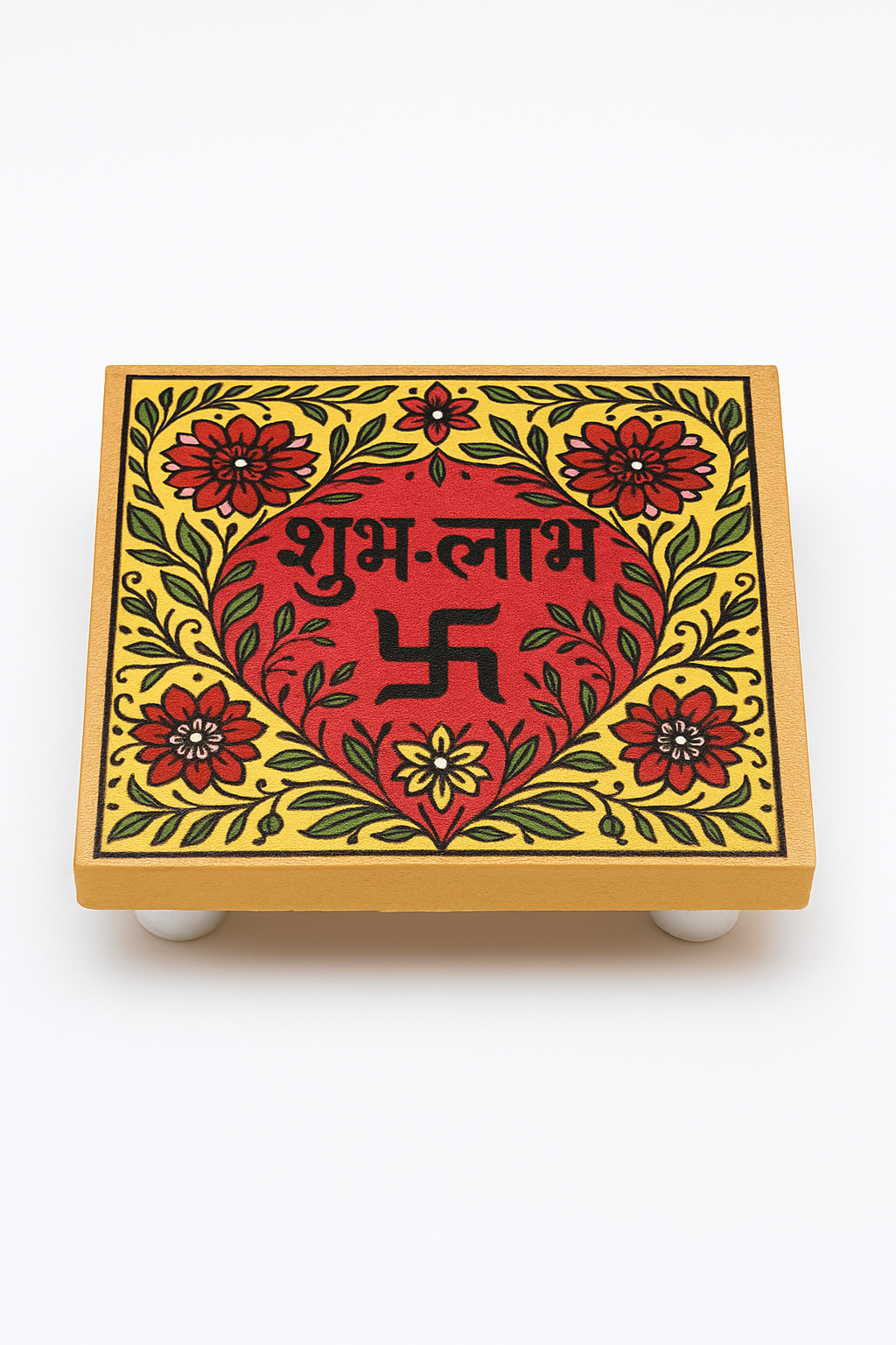 Shubh Labh Wooden Chowki with Floral Design | 4x4 Inch Mango Wood Pooja Stand with Swastik