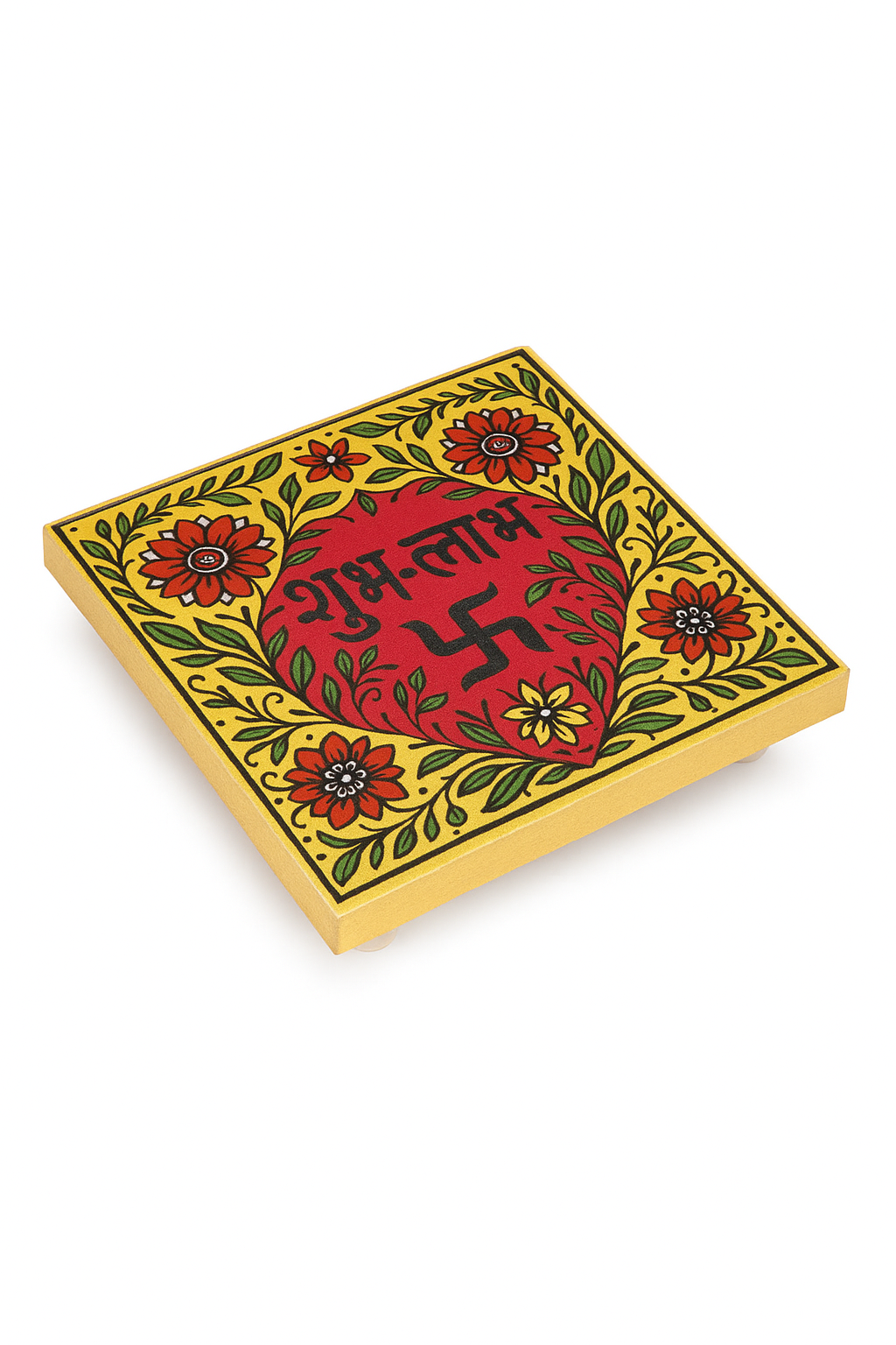 Shubh Labh Wooden Chowki with Floral Design | 4x4 Inch Mango Wood Pooja Stand with Swastik
