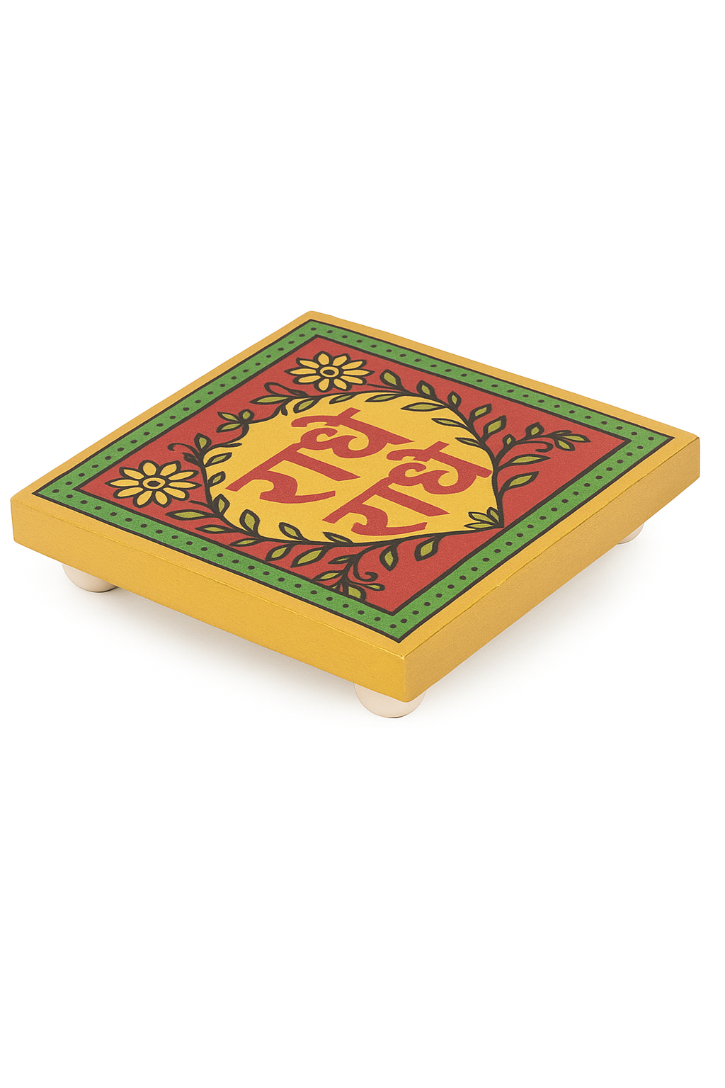 Radhe Radhe Wooden Chowki 4x4 Inch | 100% Mango Wood | UV Digital Printed & Washable Pooja Stand