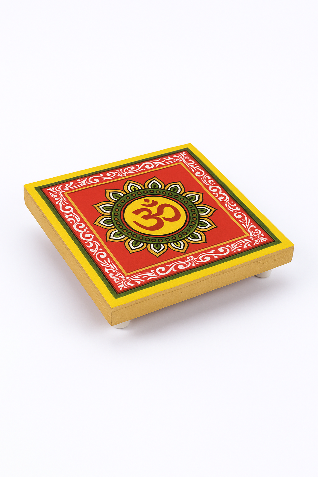 Decorative Om Wooden Chowki 4x4 Inch | 100% Mango Wood | UV Digital Printed & Washable Pooja Stand