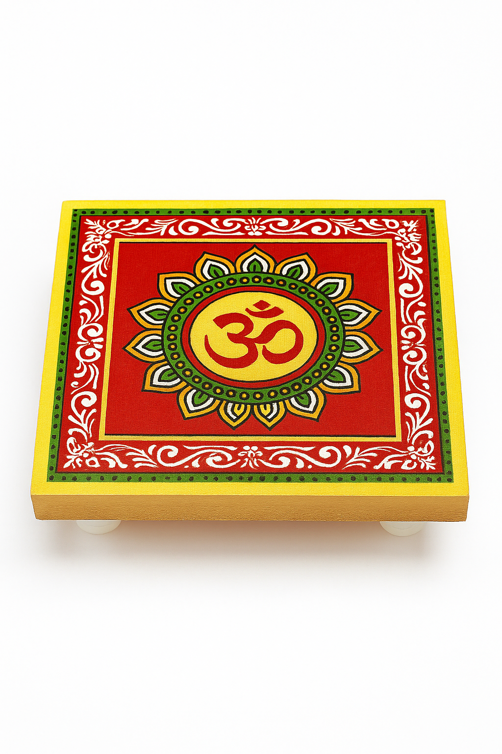Decorative Om Wooden Chowki 4x4 Inch | 100% Mango Wood | UV Digital Printed & Washable Pooja Stand