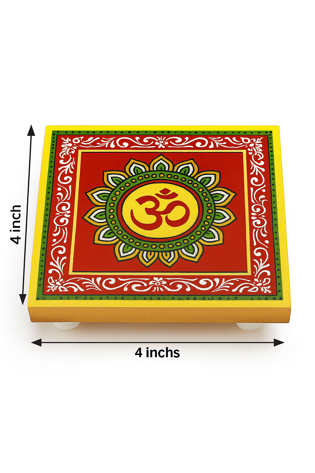 Decorative Om Wooden Chowki 4x4 Inch | 100% Mango Wood | UV Digital Printed & Washable Pooja Stand
