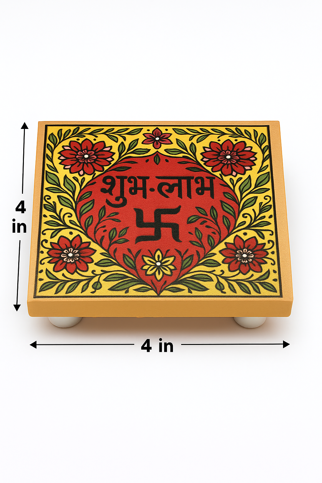 Shubh Labh Wooden Chowki with Floral Design | 4x4 Inch Mango Wood Pooja Stand with Swastik