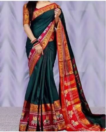 Dark Green Cotton Blend Saree with Red & Orange Traditional Pallu and Blouse – Festive & Wedding Wear