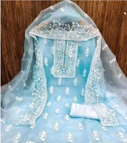 Unstiched Exclusive Super Best Collections Organza Party Wear Fancy Patiala Pakistani jaipuri All Occastions Organza Suits Women's Aqua Blue Embellished Embroidered Organza Suits & Dress Materials