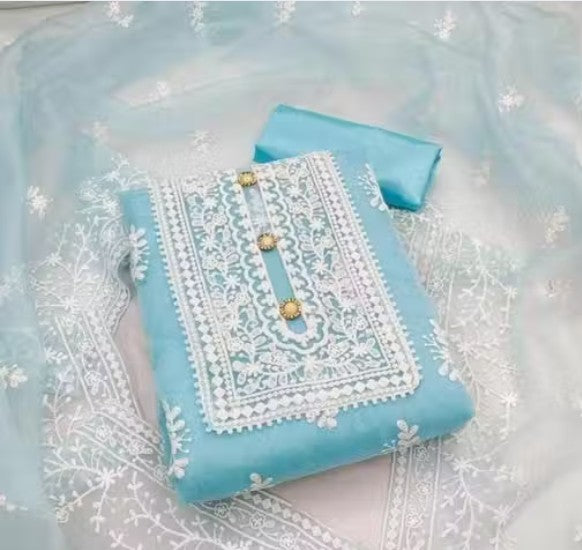 Unstiched Exclusive Super Best Collections Organza Party Wear Fancy Patiala Pakistani jaipuri All Occastions Organza Suits Women's Aqua Blue Embellished Embroidered Organza Suits & Dress Materials