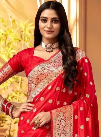 Women's Kanjivaram Soft Banarasi Silk Saree With Blouse Piece Red