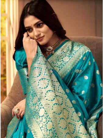 Women's Kanjivaram Soft Banarasi Silk Saree With Blouse Piece Firozi