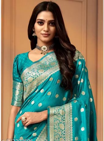 Women's Kanjivaram Soft Banarasi Silk Saree With Blouse Piece Firozi