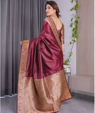 Maroon Golden Zari Woven Kanjivaram Silk Saree with Blouse – Wedding & Party Wear
