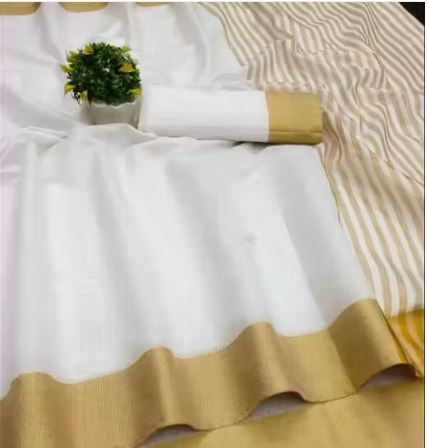 Kasavu Cotton Blend White Saree With Blouse