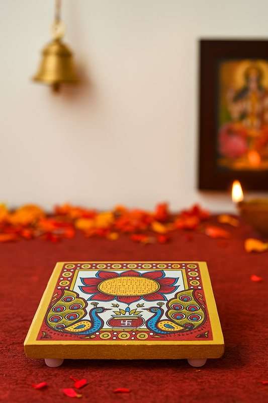 Handcrafted 4x4 Inch Wooden UV Digital Printed Pooja Chowki – Decorative Small Mandir Platform for Puja Rituals