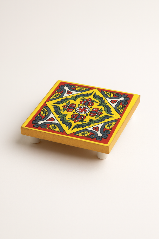 Handcrafted 4x4 Inch Wooden UV Digital Printed Bhagwan Chowki – Traditional Pooja Platform for Home Mandir & Rituals