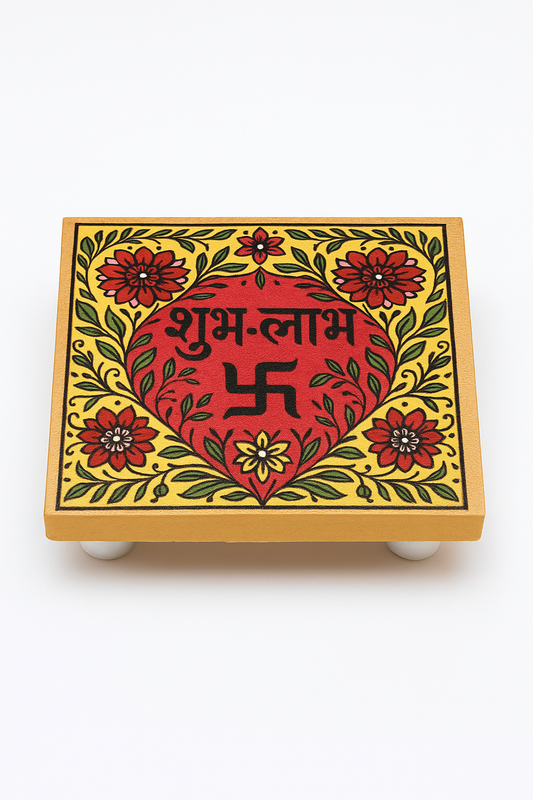 Shubh Labh Wooden Chowki with Floral Design | 4x4 Inch Mango Wood Pooja Stand with Swastik