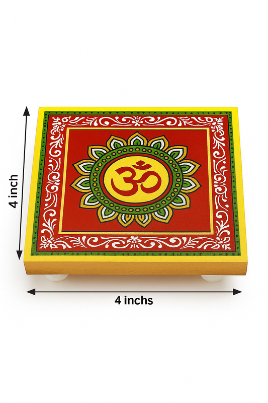 Decorative Om Wooden Chowki 4x4 Inch | 100% Mango Wood | UV Digital Printed & Washable Pooja Stand
