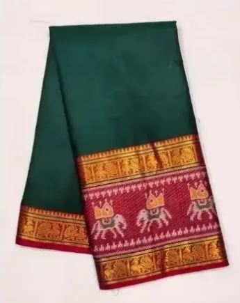 Dark Green Cotton Blend Saree with Red & Orange Traditional Pallu and Blouse – Festive & Wedding Wear