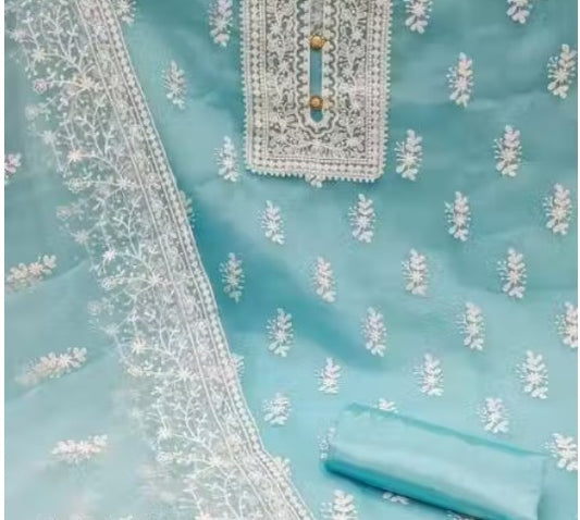 Unstiched Exclusive Super Best Collections Organza Party Wear Fancy Patiala Pakistani jaipuri All Occastions Organza Suits Women's Aqua Blue Embellished Embroidered Organza Suits & Dress Materials