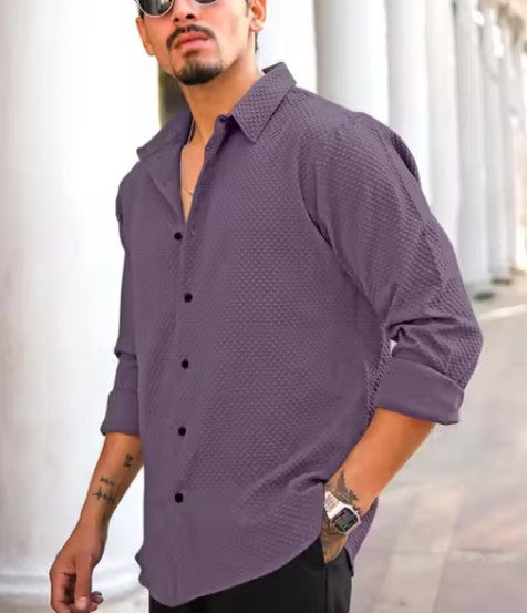 Men’s Stylish Full Sleeve Waffle Pattern Shirt in Popcorn Fabric with Cutaway Collar | Trendy and Comfortable Shirt for Casual, Office & Semi-Formal Wear | Regular Fit Fashion Shirt for Men