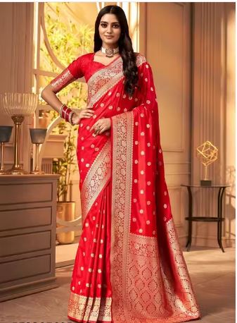 Women's Kanjivaram Soft Banarasi Silk Saree With Blouse Piece Red