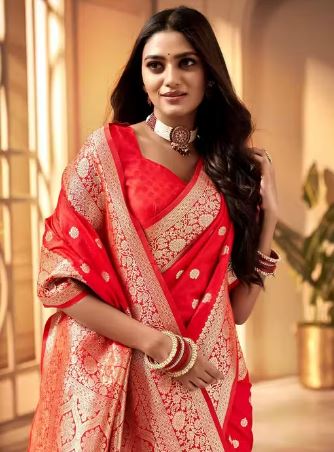 Women's Kanjivaram Soft Banarasi Silk Saree With Blouse Piece Red