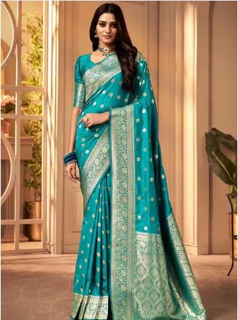 Women's Kanjivaram Soft Banarasi Silk Saree With Blouse Piece Firozi