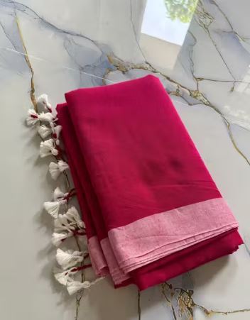 PURE COTTON SOLID PLAIN SAREE WITH DIFFERENT COLOUR BORDER FOR WOMEN, CASUAL, PARTY, TRADITIONAL AND FESTIVE SEASON USE
