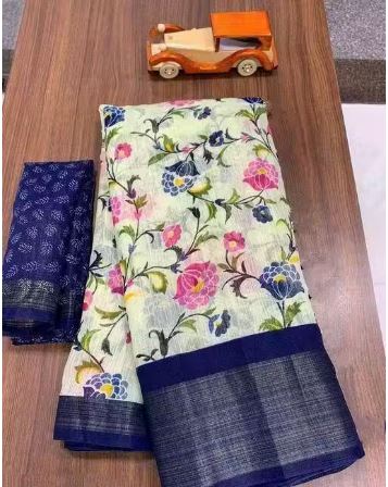 Fashionable Zarina White/Tusser Floral Bright Color Semi-Transparent Cotton Blend Saree with Contrast Matching Unstitched Blouse. Perfect Daily Wear Sadi for Women to gift on occasions