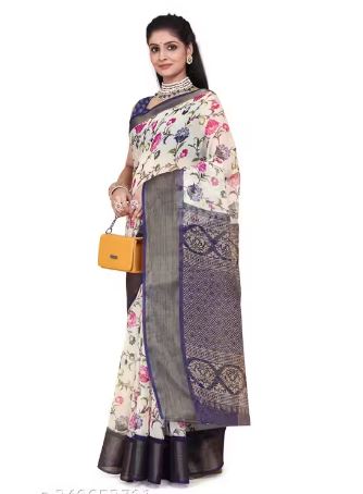 Fashionable Zarina White/Tusser Floral Bright Color Semi-Transparent Cotton Blend Saree with Contrast Matching Unstitched Blouse. Perfect Daily Wear Sadi for Women to gift on occasions