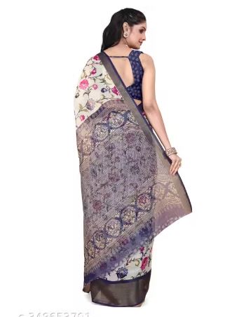 Fashionable Zarina White/Tusser Floral Bright Color Semi-Transparent Cotton Blend Saree with Contrast Matching Unstitched Blouse. Perfect Daily Wear Sadi for Women to gift on occasions