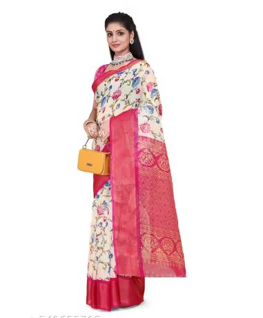 Fashionable Zarina White/Tusser Floral Bright Color Semi-Transparent Cotton Blend Saree with Contrast Matching Unstitched Blouse. Perfect Daily Wear Sadi for Women to gift on occasions