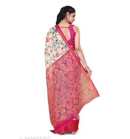 Fashionable Zarina White/Tusser Floral Bright Color Semi-Transparent Cotton Blend Saree with Contrast Matching Unstitched Blouse. Perfect Daily Wear Sadi for Women to gift on occasions