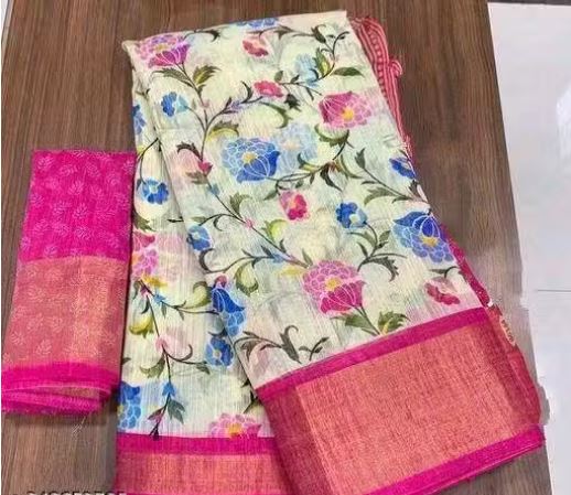 Fashionable Zarina White/Tusser Floral Bright Color Semi-Transparent Cotton Blend Saree with Contrast Matching Unstitched Blouse. Perfect Daily Wear Sadi for Women to gift on occasions