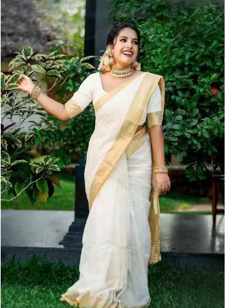 Kasavu Cotton Blend White Saree With Blouse